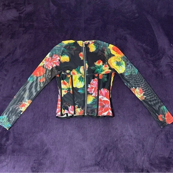 Multicolor Floral Mesh Long Sleeve Corset Top Size M - Picture 4 of 5